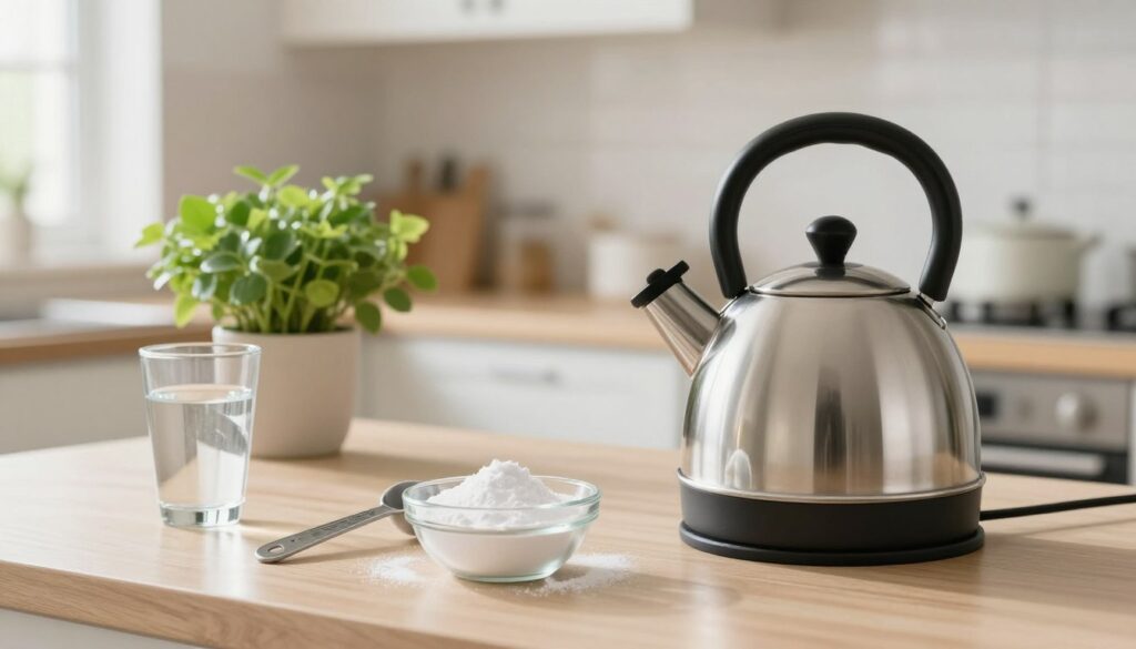 A kitchen countertop set up for descaling a kettle using baking soda. In the foreground, a sleek stainless steel kettle sits next to a small bowl of baking soda, a measuring spoon, and a glass of water. In the middle ground, a vibrant green plant adds a touch of life, while the background features a clean, softly lit kitchen with a blurred view of cabinets and a window allowing gentle natural light to flood the space. The atmosphere is calm and organized, highlighting an efficient and safe preparation area for cleaning. The image should convey a sense of freshness and cleanliness, emphasizing the tools laid out for this task. Soft shadows and warm lighting should enhance the inviting mood of the kitchen.
