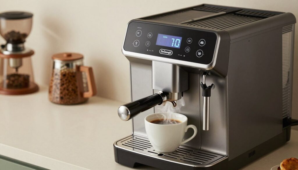 A modern De'Longhi coffee machine prominently displayed in a sleek kitchen setting. In the foreground, focus on the coffee machine with clear indicators of its energy consumption, such as a digital display showing wattage. The middle ground features a steaming cup of freshly brewed coffee, emitting wisps of steam, suggesting warmth and comfort. The background includes soft, ambient lighting to create a cozy atmosphere, with hints of kitchen elements like a coffee grinder and accessories. Use a slightly elevated angle to capture the elegant design of the coffee machine and its functionality. The scene conveys a sense of practicality and innovation, inviting viewers to consider the energy cost of enjoying a perfect cup of coffee. A modern De'Longhi coffee machine prominently displayed in a sleek kitchen setting. In the foreground, focus on the coffee machine with clear indicators of its energy consumption, such as a digital display showing wattage. The middle ground features a steaming cup of freshly brewed coffee, emitting wisps of steam, suggesting warmth and comfort. The background includes soft, ambient lighting to create a cozy atmosphere, with hints of kitchen elements like a coffee grinder and accessories. Use a slightly elevated angle to capture the elegant design of the coffee machine and its functionality. The scene conveys a sense of practicality and innovation, inviting viewers to consider the energy cost of enjoying a perfect cup of coffee.