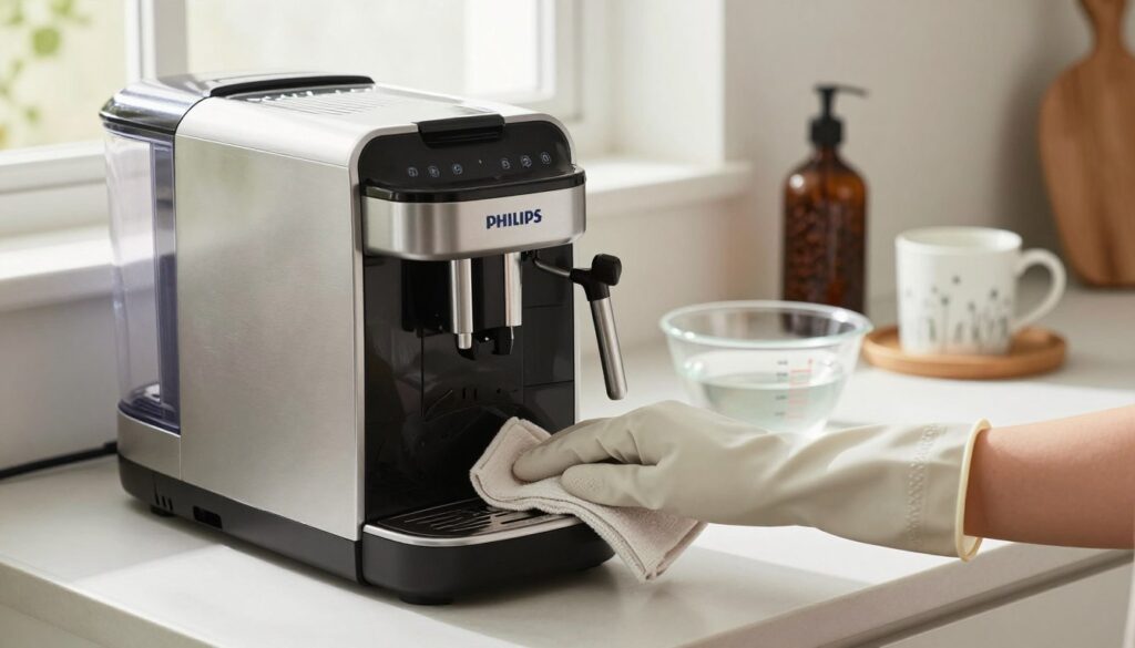 A modern Philips coffee machine set on a clean, minimalist kitchen countertop, surrounded by neatly arranged cleaning supplies. In the foreground, a hand wearing a rubber glove is holding a soft cloth, gently wiping the machine's surface, highlighting the daily cleaning process. The scene is well-lit with soft natural light filtering in through a nearby window, casting gentle reflections on the machine's metallic finish. The middle ground features a partially filled bowl with descaling solution and a measuring cup, emphasizing the steps involved in routine maintenance. In the background, blurred images of fresh coffee beans and a stylish mug can be seen, creating a cozy, inviting atmosphere. The overall mood is calm and methodical, capturing the essence of daily care for a coffee machine. A modern Philips coffee machine set on a clean, minimalist kitchen countertop, surrounded by neatly arranged cleaning supplies. In the foreground, a hand wearing a rubber glove is holding a soft cloth, gently wiping the machine's surface, highlighting the daily cleaning process. The scene is well-lit with soft natural light filtering in through a nearby window, casting gentle reflections on the machine's metallic finish. The middle ground features a partially filled bowl with descaling solution and a measuring cup, emphasizing the steps involved in routine maintenance. In the background, blurred images of fresh coffee beans and a stylish mug can be seen, creating a cozy, inviting atmosphere. The overall mood is calm and methodical, capturing the essence of daily care for a coffee machine.