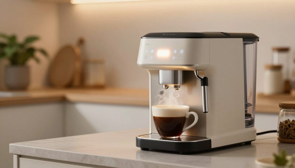 A modern coffee machine in energy-saving mode, set on a sleek kitchen countertop. In the foreground, focus on the machine displaying a soft glow from its standby light, emphasizing the concept of "sleep mode". The middle layer features a steaming cup of coffee beside the machine, with light reflecting off the ceramic surface. In the background, a kitchen with warm ambient lighting, showcasing a tasteful design with plants and subtle details that suggest a cozy, inviting atmosphere. The scene captures a sense of efficiency and comfort, highlighting the balance between energy consumption and enjoyment. Use soft, natural lighting to enhance the homey feel, while a shallow depth of field creates a gentle blur in the background.