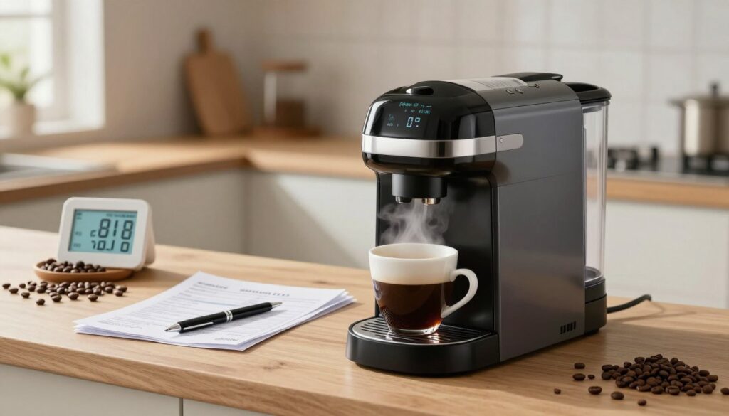 A modern coffee machine set on a kitchen countertop, surrounded by a variety of coffee beans and an energy meter displaying consumption figures. In the foreground, the coffee machine is sleek and shiny, with steam rising from a freshly brewed cup of coffee. The middle ground features a pile of energy bills with a pen beside it, symbolizing cost awareness. The background includes a cozy kitchen environment with soft, natural lighting from a window, casting a warm glow across the scene. Emphasize a sense of clarity and insight into everyday energy usage, focusing on a serene yet informative atmosphere, perfect for illustrating the coffee machine’s energy consumption.