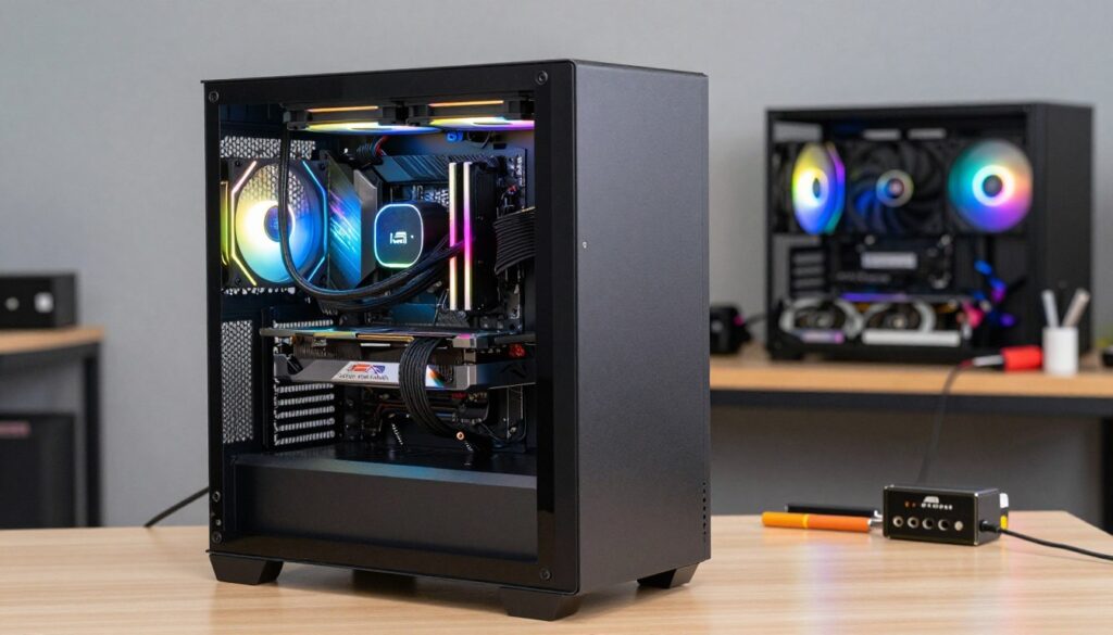 A modern computer case displayed prominently in the foreground, showcasing its sleek design and transparent side panels that reveal colorful RGB lighting within. The case houses a well-organized interior with visible components, including a CPU cooler, graphics card, and neatly arranged cables for effective airflow. In the middle ground, several cooling fans add to the dynamic look, emphasizing functionality for temperature management. The background features a workspace setup with tools and components scattered across a table, hinting at the assembly process. Soft, diffused lighting casts gentle shadows, creating a professional atmosphere. The image captures a tech-savvy vibe, inspiring readers to consider their choices in computer building, particularly in the context of case selection and cooling options.