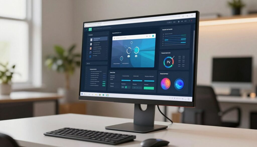 A modern computer monitor prominently displayed in the foreground, with a sleek, thin design featuring an ultra-high-definition screen. The screen shows a vibrant, interactive user interface, highlighting various applications and data visualizations, symbolizing communication between the computer and the user. The middle ground features a clean, minimalist desk setup, complete with a keyboard and mouse, enhancing the focus on the monitor. In the softly blurred background, a cozy office space with warm ambient lighting and subtle greenery adds to the inviting atmosphere. The scene conveys professionalism and focus, with an emphasis on technology and user interaction, shot from a slight upward angle to create depth. Soft natural light illuminates the scene, reflecting a modern workspace vibe.
