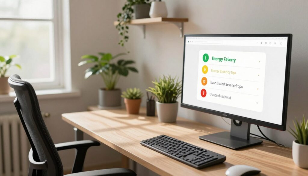 A modern desktop computer setup in a brightly lit, cozy office space, emphasizing energy efficiency and minimal power consumption. The foreground features a sleek monitor displaying energy-saving tips, and a stylish keyboard with a muted color palette. In the middle, an ergonomic chair is positioned next to the desk, suggesting comfort and professionalism. Soft natural light streams through a nearby window, casting gentle shadows and creating a warm atmosphere. The background includes potted plants and organized shelves, promoting a productive and eco-friendly work environment. The overall mood is inviting and efficient, conveying a sense of balance between productivity and energy conservation.
