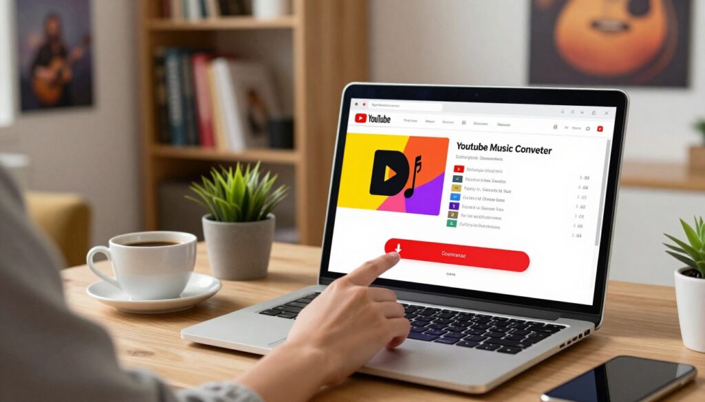 A modern digital workspace featuring a sleek laptop open to a YouTube music converter page, with vibrant colors on the screen displaying music notes and song titles. In the foreground, a hand reaches out to click the download button, illustrating ease of use. The middle layer includes a cozy room setting with soft lighting, a cup of coffee beside the laptop, and a small potted plant adding a touch of greenery. The background reveals a blurred bookshelf filled with music-related books and a poster of musical instruments on the wall, creating an inviting atmosphere. The overall mood is productive and relaxing, capturing the essence of quick and convenient music downloading. The image is brightly lit with a warm glow, enhancing the inviting vibe. A modern digital workspace featuring a sleek laptop open to a YouTube music converter page, with vibrant colors on the screen displaying music notes and song titles. In the foreground, a hand reaches out to click the download button, illustrating ease of use. The middle layer includes a cozy room setting with soft lighting, a cup of coffee beside the laptop, and a small potted plant adding a touch of greenery. The background reveals a blurred bookshelf filled with music-related books and a poster of musical instruments on the wall, creating an inviting atmosphere. The overall mood is productive and relaxing, capturing the essence of quick and convenient music downloading. The image is brightly lit with a warm glow, enhancing the inviting vibe.