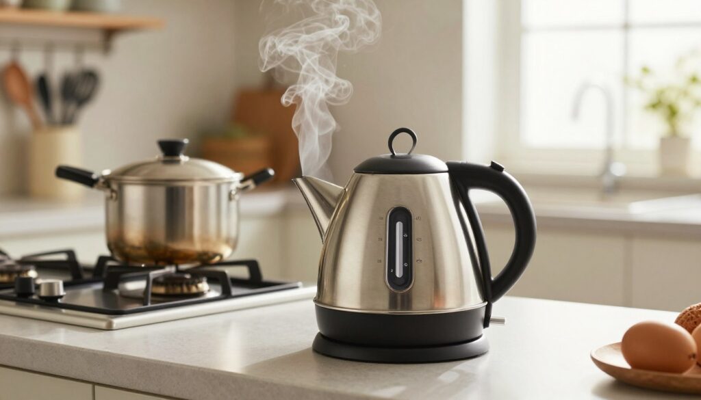 A modern electric kettle boiling water, placed prominently in the foreground on a sleek kitchen countertop. The kettle features a stainless-steel body with a transparent water level indicator. Steam gently rises from the spout, creating a sense of warmth and functionality. In the middle ground, a gas stove with a boiling pot contrasts with the kettle, showcasing traditional methods of boiling water. The background includes blurred kitchen elements, such as shelves with neatly arranged utensils and a hint of a bright window allowing natural light to flood the scene. The overall mood is cozy and inviting, capturing a homey kitchen atmosphere, while emphasizing the comparison between electric and gas boiling methods. The lighting is soft and warm, highlighting the kettle's polished surface. A modern electric kettle boiling water, placed prominently in the foreground on a sleek kitchen countertop. The kettle features a stainless-steel body with a transparent water level indicator. Steam gently rises from the spout, creating a sense of warmth and functionality. In the middle ground, a gas stove with a boiling pot contrasts with the kettle, showcasing traditional methods of boiling water. The background includes blurred kitchen elements, such as shelves with neatly arranged utensils and a hint of a bright window allowing natural light to flood the scene. The overall mood is cozy and inviting, capturing a homey kitchen atmosphere, while emphasizing the comparison between electric and gas boiling methods. The lighting is soft and warm, highlighting the kettle's polished surface.