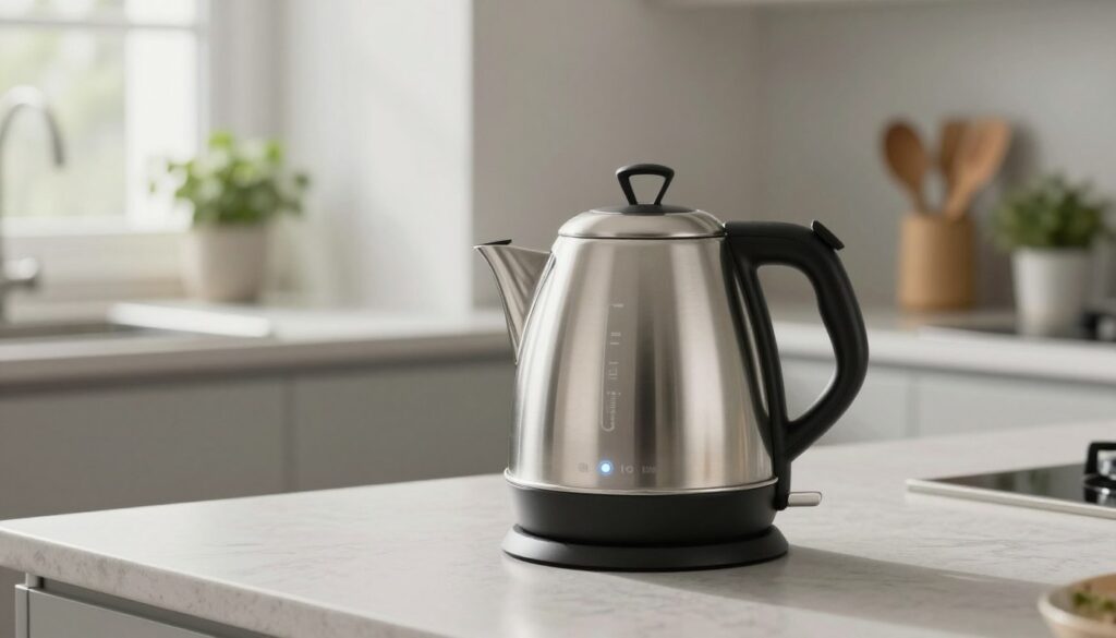 A modern electric kettle with a sleek design and efficient energy consumption sits on a kitchen countertop. The kettle, made of brushed stainless steel with a glass water level indicator, is shown at a slight angle to highlight its ergonomic handle and subtle LED indicator. Soft, natural light streams through a window, casting gentle shadows accentuating the kettle's curves. In the background, a minimalist kitchen setting features eco-friendly elements like bamboo utensils and potted herbs, emphasizing sustainability. The focus is on the kettle's efficiency and modernity, creating an atmosphere of understated elegance and energy awareness. The image captures a harmonious balance between aesthetics and functionality, linking the themes of energy consumption and practical design. A modern electric kettle with a sleek design and efficient energy consumption sits on a kitchen countertop. The kettle, made of brushed stainless steel with a glass water level indicator, is shown at a slight angle to highlight its ergonomic handle and subtle LED indicator. Soft, natural light streams through a window, casting gentle shadows accentuating the kettle's curves. In the background, a minimalist kitchen setting features eco-friendly elements like bamboo utensils and potted herbs, emphasizing sustainability. The focus is on the kettle's efficiency and modernity, creating an atmosphere of understated elegance and energy awareness. The image captures a harmonious balance between aesthetics and functionality, linking the themes of energy consumption and practical design.