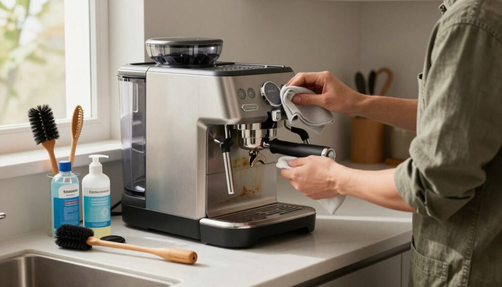 A modern kitchen countertop featuring a De'Longhi coffee machine engaged in the daily maintenance process. In the foreground, show a person in smart casual attire diligently cleaning the espresso machine with a soft cloth, their focus evident as they remove residue. The middle layer should include an array of cleaning tools neatly arranged, such as a brush, descaling solution, and a water container, reflecting a thorough and organized approach to coffee machine care. In the background, natural light streams in through a window, illuminating the scene and creating a warm, inviting atmosphere. The kitchen should have a contemporary design with subtle colors, emphasizing cleanliness and care. The composition captures the essence of routine coffee machine maintenance while maintaining a calm and professional mood.