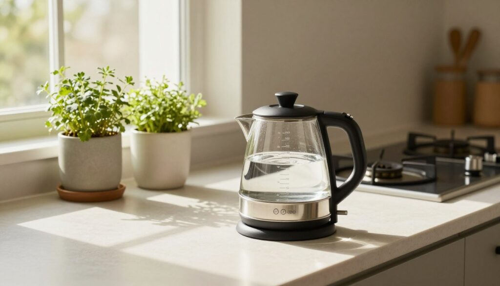 A modern kitchen countertop featuring an energy-efficient electric kettle with a clear water gauge showing its capacity, surrounded by elegant kitchenware. The kettle is focused in the foreground, gleaming under warm, natural light that streams through a nearby window. In the middle ground, fresh herbs in stylish pots add a touch of greenery, and a sleek stovetop provides a minimalist backdrop. Soft shadows enhance the inviting atmosphere, emphasizing the kettle's sleek design. The image captures a professional yet cozy kitchen environment, reflecting themes of utility and aesthetics. The angle is eye-level, highlighting the kettle’s features and inviting the viewer to consider its practical benefits.