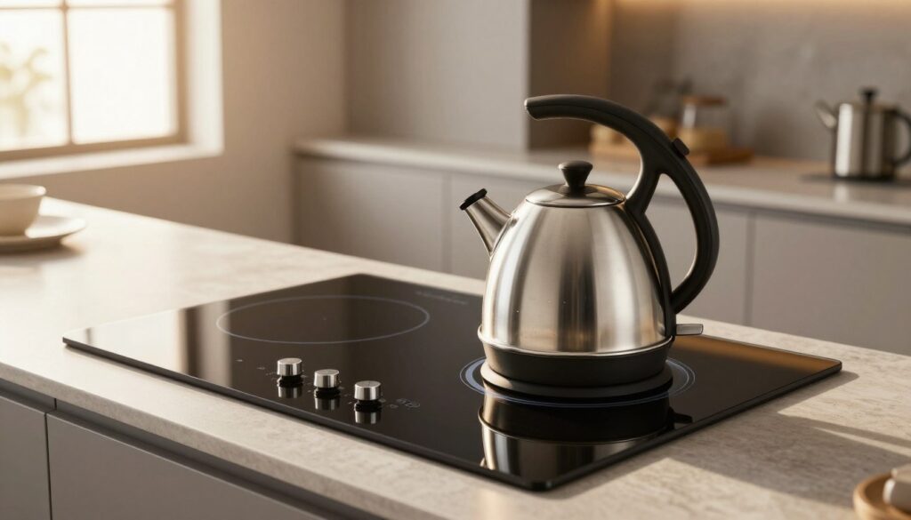 A modern kitchen featuring an elegant induction cooktop, with a sleek stainless steel electric kettle placed on it. The cooktop is illuminated by soft, warm kitchen lighting that highlights its shiny surface and futuristic control panel. In the background, there are stylish kitchen cabinets and a window with sunlight streaming in, creating a welcoming atmosphere. The scene captures the moment before the kettle begins to boil, with water visibly shimmering inside, suggesting rapid heating. The angle of the shot is slightly elevated, allowing for a clear view of both the kettle and the induction cooktop. Emphasize cleanliness and modern design, evoking a sense of efficiency and innovation in cooking technology. A modern kitchen featuring an elegant induction cooktop, with a sleek stainless steel electric kettle placed on it. The cooktop is illuminated by soft, warm kitchen lighting that highlights its shiny surface and futuristic control panel. In the background, there are stylish kitchen cabinets and a window with sunlight streaming in, creating a welcoming atmosphere. The scene captures the moment before the kettle begins to boil, with water visibly shimmering inside, suggesting rapid heating. The angle of the shot is slightly elevated, allowing for a clear view of both the kettle and the induction cooktop. Emphasize cleanliness and modern design, evoking a sense of efficiency and innovation in cooking technology.