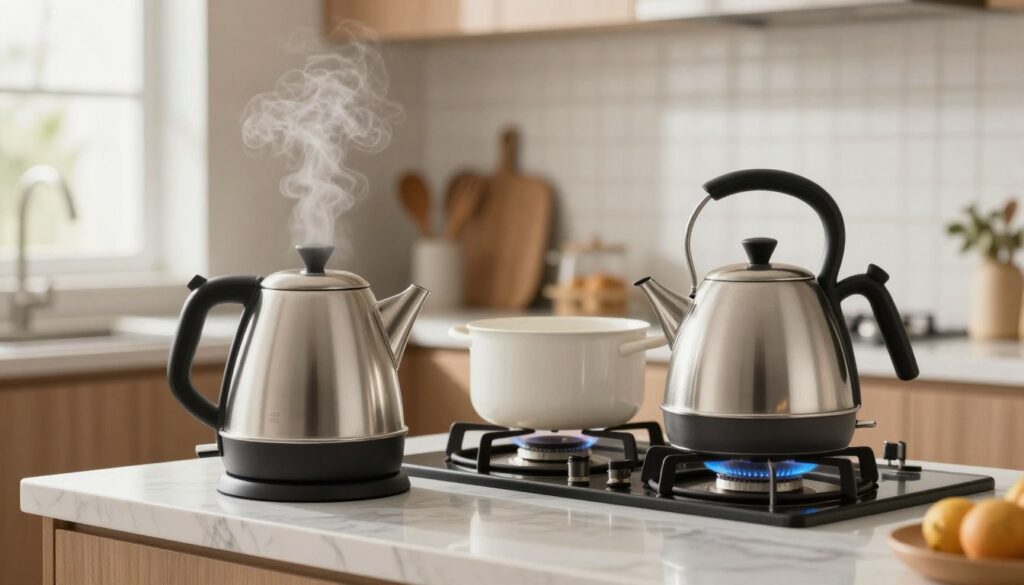 A modern kitchen scene featuring an electric kettle and a gas stovetop, showcasing a side-by-side comparison of their energy use. In the foreground, a sleek electric kettle is placed on a marble countertop, steam rising gently from its spout. Beside it, a traditional gas burner is lit, with a pot of water heating. In the middle ground, kitchen utensils and a stylish backsplash create an inviting atmosphere. The background features soft natural light filtering through a window, illuminating the kitchen with a warm glow. The focus is sharp on the kettles, while the details in the background create a cozy, domestic feel. The scene conveys a sense of daily life and practicality, reflecting the comparison of energy costs in boiling water.