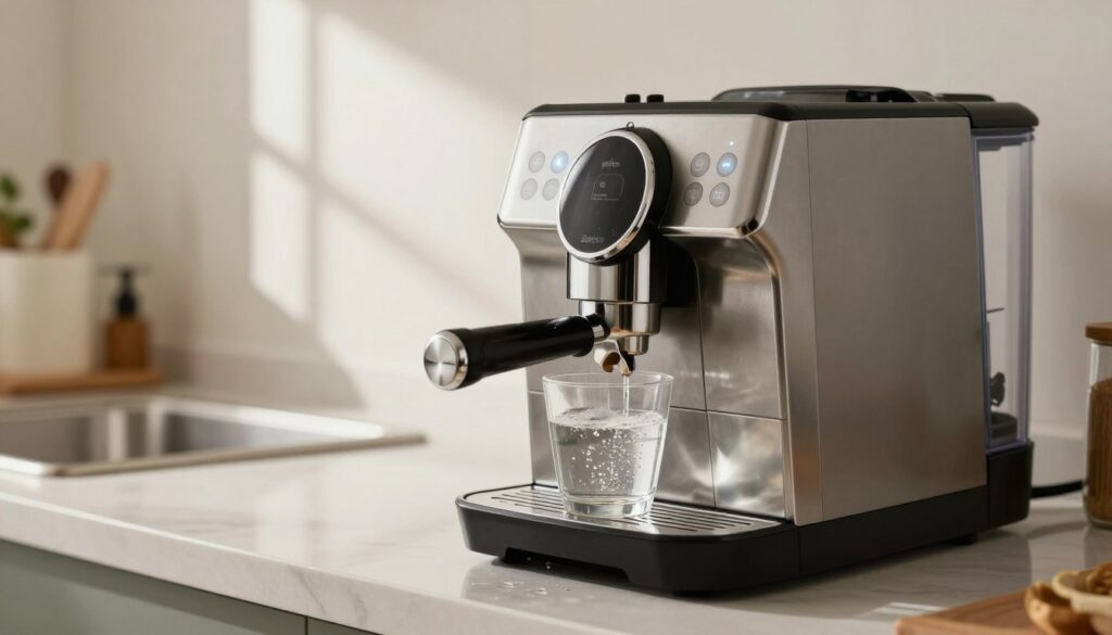 A modern kitchen scene focusing on a sleek Saeco coffee machine during the rinsing process after descaling. In the foreground, a clear glass cup filled with steaming water sits on the machine’s drip tray, with small droplets of water glistening. In the middle ground, the coffee machine is positioned on a polished countertop with a stainless steel finish, showcasing its elegant design with buttons illuminated softly. The background features a bright, airy kitchen with light streaming through a window, casting gentle shadows that create a warm and inviting atmosphere. The image conveys a sense of cleanliness and care in coffee preparation, emphasizing the importance of maintenance in a cozy home setting.