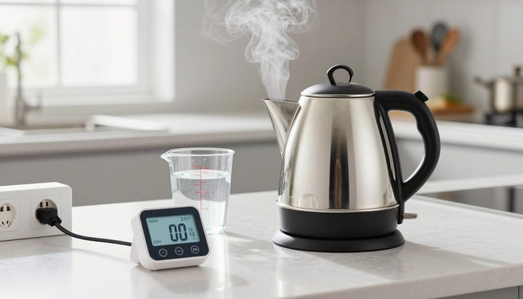 A modern kitchen setting featuring an electric kettle on a clean countertop. The kettle is sleek and shiny, with steam rising from its spout, indicating boiling water. Surrounding the kettle are measuring cups filled with water, an energy meter device displaying usage in the foreground, and a socket with a power cord plugged in. The lighting is bright and airy, emphasizing a fresh, functional atmosphere. In the background, soft-focus elements like a window letting in natural light and kitchen utensils can be seen, enhancing the homely feel. The image should evoke a sense of daily life, illustrating typical domestic energy consumption in a visually appealing and informative way.