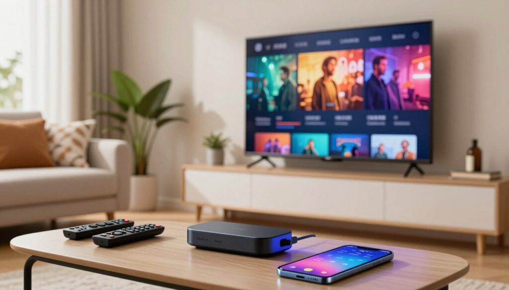 A modern living room setting featuring a sleek television mounted on a wall, showcasing a Chromecast device plugged into the HDMI port. In the foreground, a stylish coffee table holds a few remote controls and a smartphone displaying a screen mirroring interface. In the middle, the Chromecast device is prominently visible, glowing softly to indicate activity, with colorful visual elements being projected on the TV screen, such as a vibrant movie scene or streaming app interface. The background features a cozy couch with decorative pillows and houseplants, bathed in natural light from a nearby window, creating an inviting and tech-savvy atmosphere. The overall mood is warm and contemporary, emphasizing the ease of wireless connectivity.