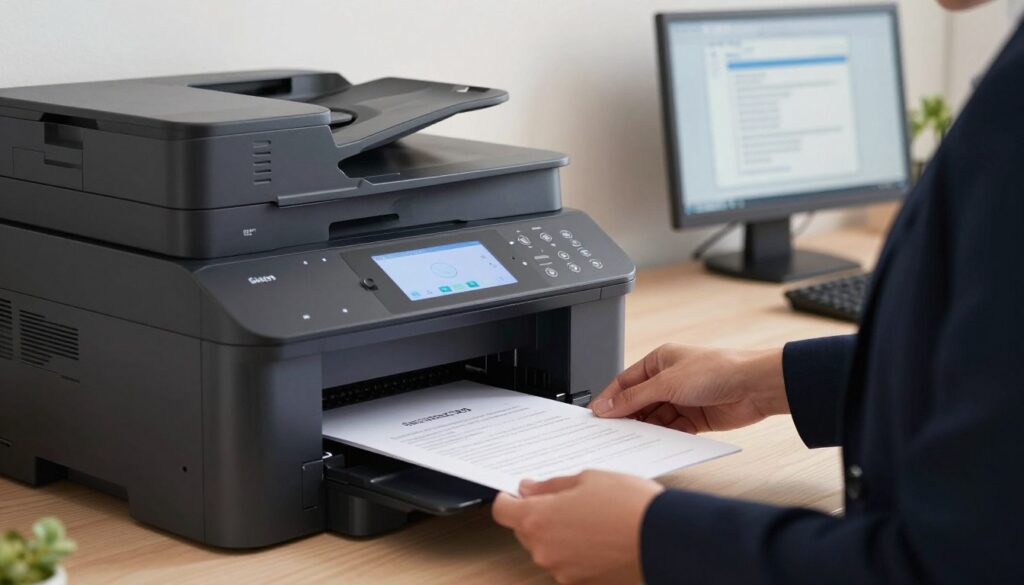 A modern office setting featuring a sleek all-in-one printer and scanner. In the foreground, a focused professional dressed in smart business attire is carefully placing a document onto the scanner bed, ensuring proper alignment. The middle ground showcases the printer's illuminated control panel, highlighting ease of use with clear buttons and a user interface displaying a scanning prompt. In the background, a well-organized workspace with a computer screen displaying a file management system reflects a productive environment. Soft, diffused lighting enhances the clarity of the scene, casting gentle shadows that add depth. The overall mood conveys professionalism and efficiency, inviting viewers to learn about practical document scanning.