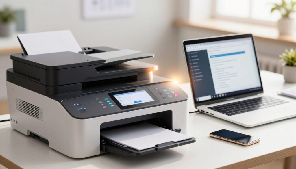 A modern office setting showcasing a printer connected to a computer, symbolizing the configuration process. The foreground features a sleek, contemporary all-in-one printer with vivid LED indicators and a touchscreen display, while a laptop with a clear interface is placed beside it. The middle ground displays a visually appealing but organized workspace, with scattered documents and a smartphone. In the background, soft natural light streams in from a window, creating a warm and inviting atmosphere. Use a shallow depth of field to focus on the printer and computer, enhancing them with a slight glow to emphasize the connectivity theme. The overall mood should be professional, encouraging productivity and technological efficiency.