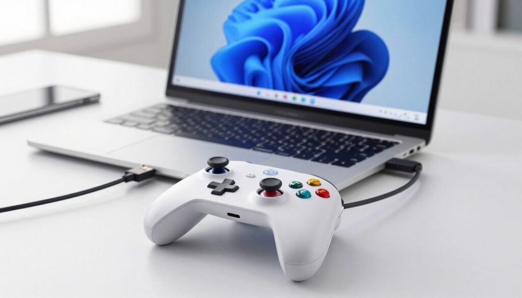 A modern, sleek USB game controller is prominently displayed in the foreground, connected to a silver laptop via a USB cable. The controller has a vivid design, showcasing colorful buttons. In the middle ground, the laptop screen displays a Windows interface, indicating a successful connection with a subtle glow emanating from the screen. The background features a clean, minimalist workspace with soft natural lighting, creating an inviting atmosphere. A few electronic accessories, like a phone and a mouse, are neatly arranged to enhance the tech-savvy setting. The mood is focused and professional, emphasizing the ease of connecting devices in a modern digital environment. High-resolution, sharp focus with a slight blur on the background to emphasize the controller and laptop interaction.