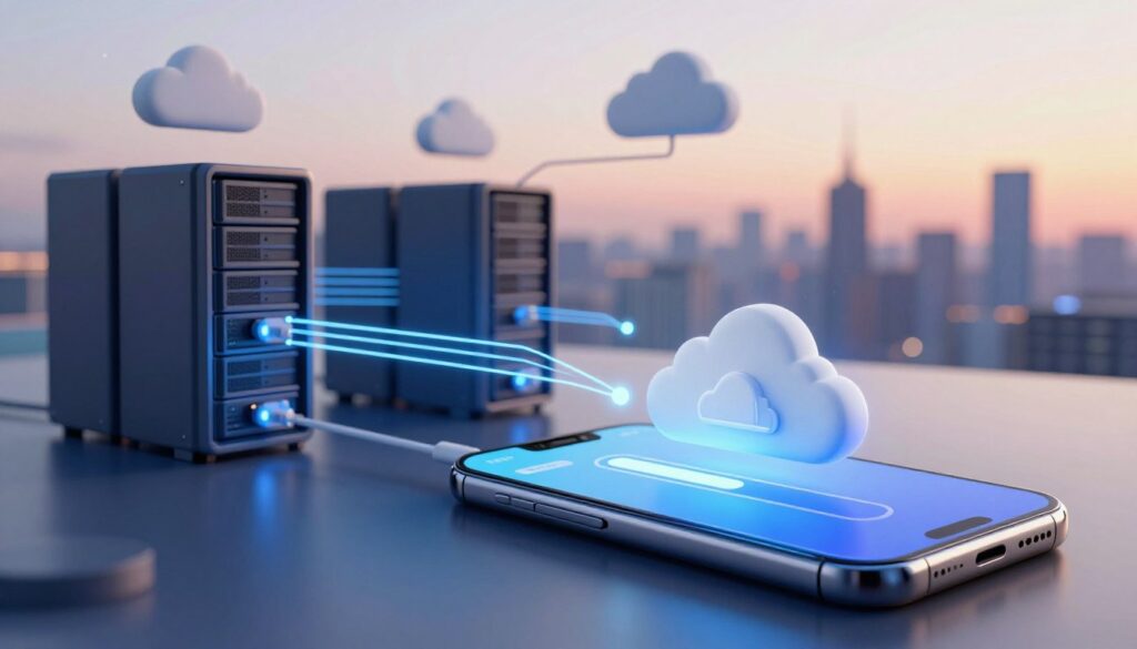 A modern, sleek digital illustration of file transfer through cloud technology. In the foreground, an elegant smartphone displays a progress bar transferring a video file to a cloud icon, glowing softly. The middle ground features dynamic, stylized server racks and clouds with data streams connecting them, illustrating the concept of external servers. In the background, an abstract representation of a city skyline is visible, with a gentle gradient sunset lighting the scene. The mood is professional and futuristic, conveying efficiency and innovation in technology. Use a wide-angle lens effect to enhance depth. Maintain clarity and brightness throughout, with vibrant colors blending seamlessly for a polished look. A modern, sleek digital illustration of file transfer through cloud technology. In the foreground, an elegant smartphone displays a progress bar transferring a video file to a cloud icon, glowing softly. The middle ground features dynamic, stylized server racks and clouds with data streams connecting them, illustrating the concept of external servers. In the background, an abstract representation of a city skyline is visible, with a gentle gradient sunset lighting the scene. The mood is professional and futuristic, conveying efficiency and innovation in technology. Use a wide-angle lens effect to enhance depth. Maintain clarity and brightness throughout, with vibrant colors blending seamlessly for a polished look.
