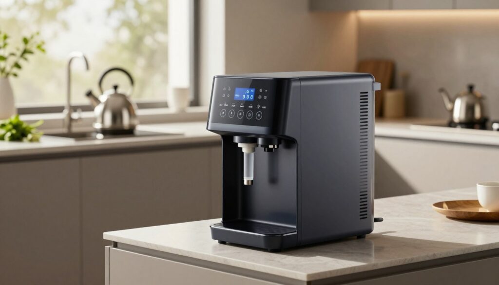 A modern water softener prominently displayed in a sleek kitchen setting. In the foreground, the water softener is a compact, stylish unit with a glossy finish and digital controls, featuring visible water inlets and outputs. The middle ground shows a clean countertop with a kettle, free of limescale, and a few fresh herbs for a touch of color. In the background, sunlight filters through a large window, creating a warm, inviting atmosphere filled with soft shadows. The lighting emphasizes the softener's details while maintaining a sense of cleanliness and sophistication. The overall mood is calm and efficient, illustrating the benefits of having a water softener in a domestic environment.
