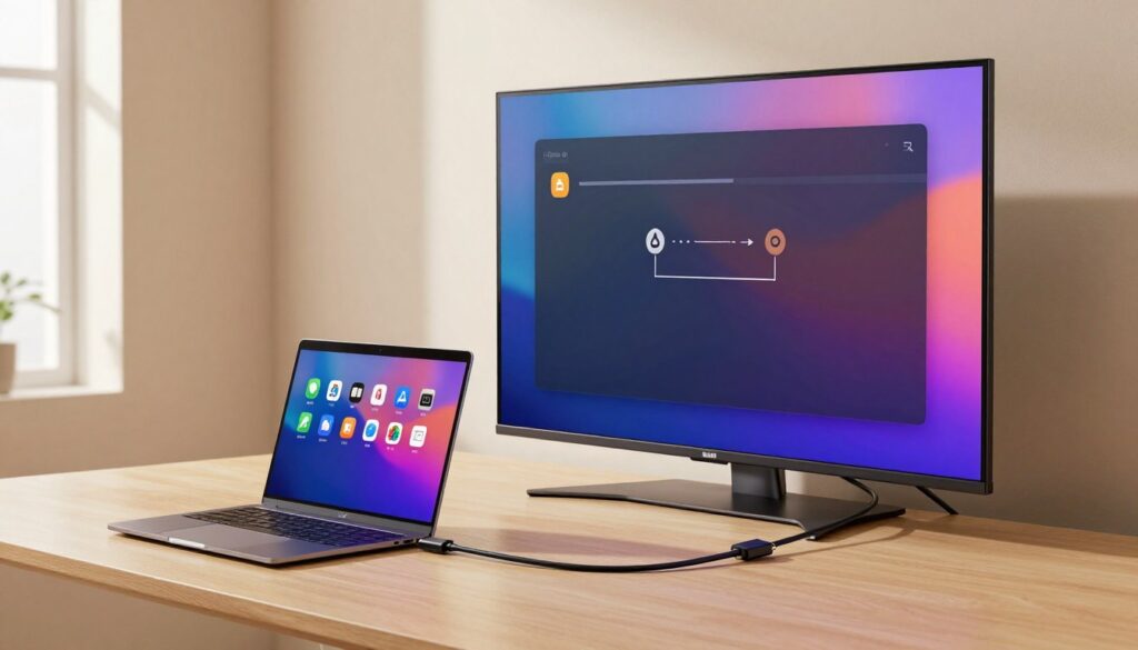 A modern workspace featuring a sleek computer and a large flat-screen TV connected via an HDMI cable. In the foreground, the computer desk is clutter-free, showcasing a high-tech laptop with vibrant icons on the screen and a neatly arranged HDMI cable trailing towards the TV. In the middle, the TV displays a vivid image, demonstrating the screen mirroring process, with colorful graphics illustrating the connection. The background reveals a well-lit room, with soft, diffused lighting enhancing the professional ambiance. The scene is captured from a slight angle, showcasing the connection's functionality, with a warm and inviting atmosphere, emphasizing a seamless integration of technology for easy setup and user-friendly experience.