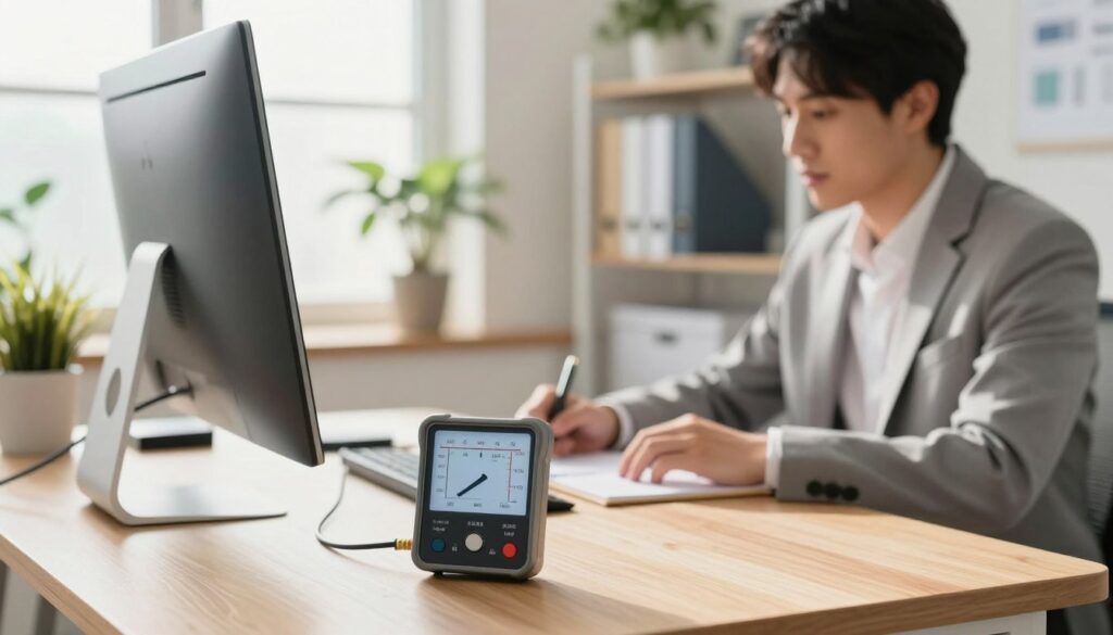 A modern workspace featuring a sleek, desktop computer setup in the foreground, showing a wattmeter clearly displaying power consumption readings connected to the computer. The middle ground includes a professional individual in business attire, focused on the computer screen, taking notes on energy usage. The background is a bright, well-lit office environment with plants and shelves filled with tech books, suggesting a blend of productivity and efficiency. Soft, natural light comes from a window, creating a warm and inviting atmosphere. The focus is on the wattmeter and the computer, highlighting the importance of monitoring energy usage in a stylish, organized workspace.