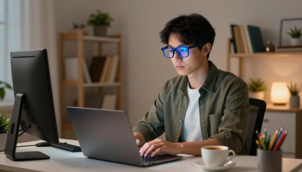 A person sitting at a modern computer desk, focused on a laptop screen, wearing stylish blue-light blocking glasses. The foreground features a neatly organized workspace with a cup of coffee, colorful stationery, and a small plant. In the middle, the individual's face shows concentration, with soft ambient lighting casting a warm glow, highlighting the glasses. The background includes a cozy home office with bookshelves filled with books and decorative items, creating a relaxed yet professional atmosphere. The overall mood is one of productivity and comfort, accentuating the importance of eye health during daily screen time. The shot is taken from a slightly elevated angle, emphasizing the ergonomic setup and the glasses' benefits.