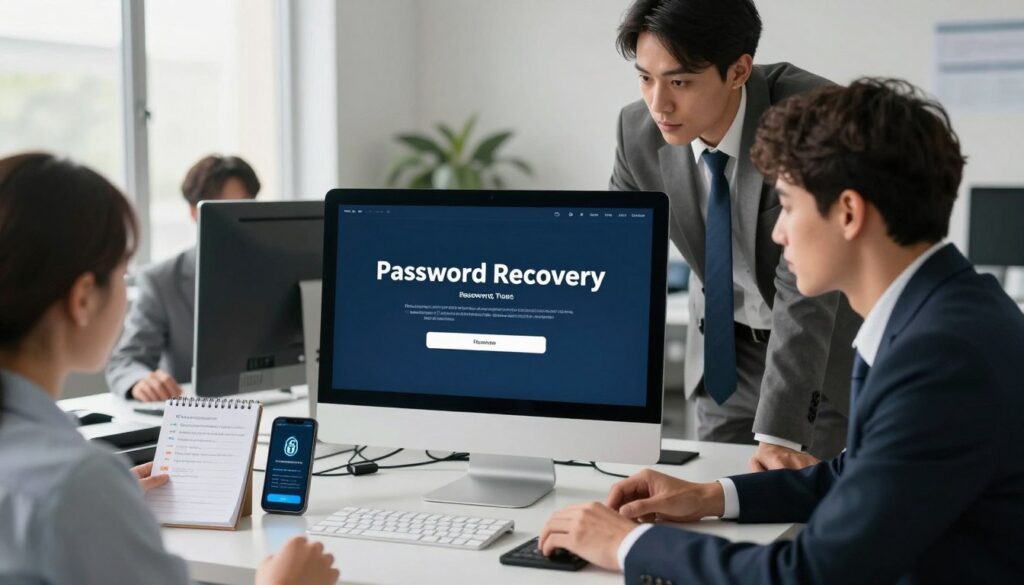 A professional workspace focused on computer password recovery, featuring a sleek desktop computer with a login screen prominently displayed. In the foreground, a diverse group of three professionals in business attire, collaborating over the computer, displaying expressions of concentration and teamwork. The middle ground showcases an array of tools and resources, such as a notepad with written recovery methods, a smartphone showing a security app, and USB drives labeled for data recovery. The background reveals a modern office with soft, natural lighting coming from a window, casting gentle shadows that enhance the atmosphere of focus and innovation. The mood conveys a sense of security, teamwork, and professionalism, emphasizing the theme of safe and legal password recovery methods without risking data loss.