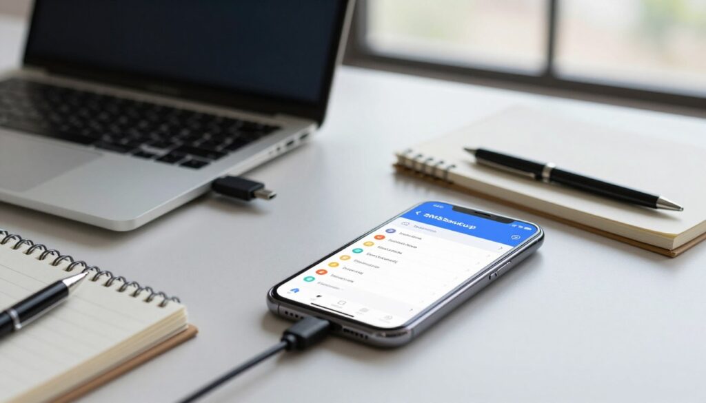 A professional workspace showing the preparation for SMS backup. In the foreground, a sleek smartphone displaying a visual interface of SMS data, with the screen glowing softly. To the left, a laptop with a USB cable ready for connection, surrounded by notepads and a pen, indicating organization. In the middle, a clean desk setup illuminated by soft, ambient lighting, creating a calm and focused atmosphere. In the background, a blurred window with natural light streaming in, suggesting a serene environment. The angle captures the essence of productivity and tech-savviness, evoking a mood of readiness and efficiency, ideal for setting the tone for a digital backup process.
