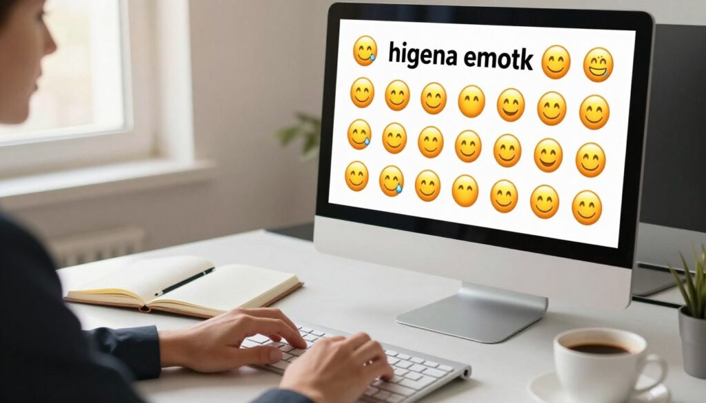A serene and organized workspace featuring a computer screen displaying a vibrant array of emojis on one side, illustrating the concept of "higiena emotek." In the foreground, a pair of hands, dressed in professional business attire, gently typing on the keyboard, conveying a sense of focus and clarity. The middle section showcases a clean desktop with an open notebook and a cup of coffee, symbolizing productivity. In the background, soft sunlight filters through a window, casting warm, inviting light over the scene, enhancing the atmosphere of an efficient and thoughtful workspace. The overall mood is balanced and professional, reflecting the importance of using emojis judiciously in communication.
