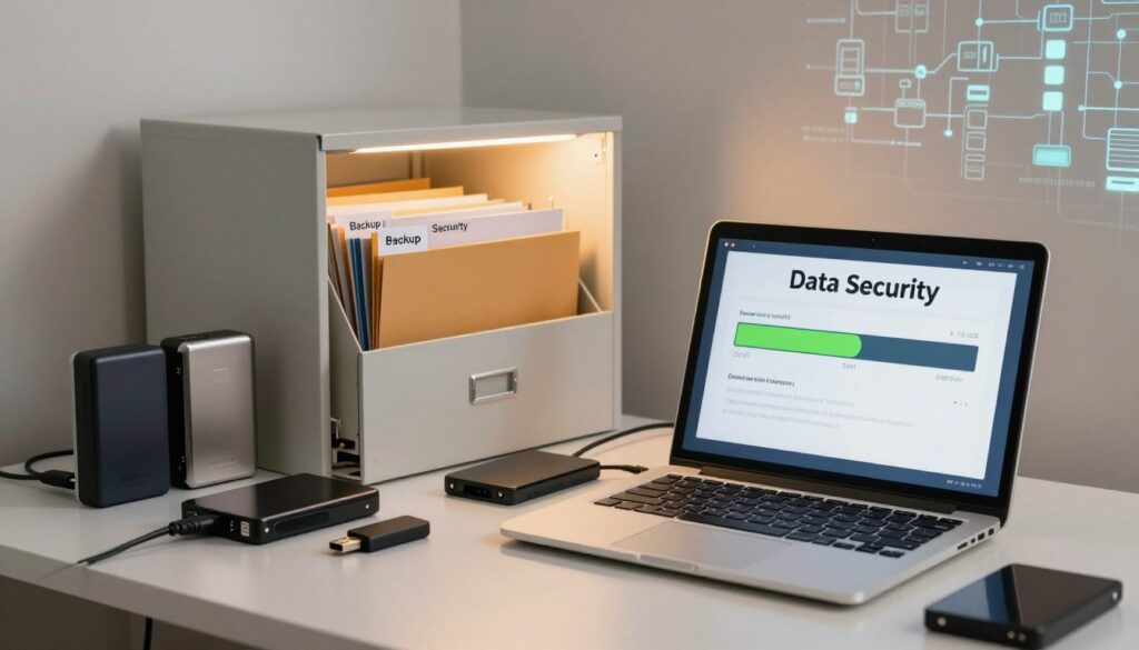 A serene office environment depicting a computer workspace focused on data backup. In the foreground, a sleek, modern laptop with a visible screen showing a backup progress bar, surrounded by an organized array of external hard drives and USB flash drives. In the middle ground, an open filing cabinet filled with color-coded folders labeled "Backup" and "Data Security," with a gentle warm light illuminating them for a welcoming feel. The background features a neutral wall with a subtle digital graphic of data flow, suggesting connection and security. The overall atmosphere is calm and professional, conveying the importance of data protection in a clear, visually appealing manner. Use soft, diffused lighting to create a tech-savvy vibe, enhancing the feeling of safety and preparedness.