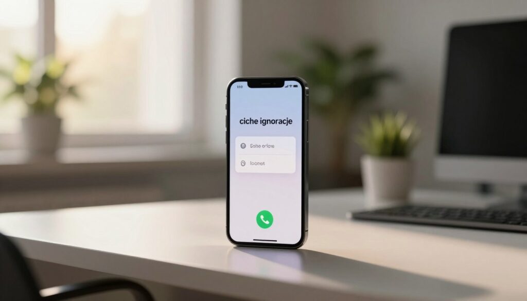 A serene office environment showcasing a modern smartphone on a sleek desk. The focus is on the iPhone, displaying a notification for an incoming call being silenced, symbolizing "ciche ignorowanie". In the foreground, the iPhone screen glows softly, while the background features a blurred, peaceful workspace with plants and soft lighting. A gentle sunlight filters in through a window, creating a warm and calming atmosphere. The overall mood is tranquil and efficient, reflecting a sense of focus and quietude amidst a busy day. The image is framed at eye level, using a portrait orientation to emphasize the phone and its functionality, without any human presence. A serene office environment showcasing a modern smartphone on a sleek desk. The focus is on the iPhone, displaying a notification for an incoming call being silenced, symbolizing "ciche ignorowanie". In the foreground, the iPhone screen glows softly, while the background features a blurred, peaceful workspace with plants and soft lighting. A gentle sunlight filters in through a window, creating a warm and calming atmosphere. The overall mood is tranquil and efficient, reflecting a sense of focus and quietude amidst a busy day. The image is framed at eye level, using a portrait orientation to emphasize the phone and its functionality, without any human presence.
