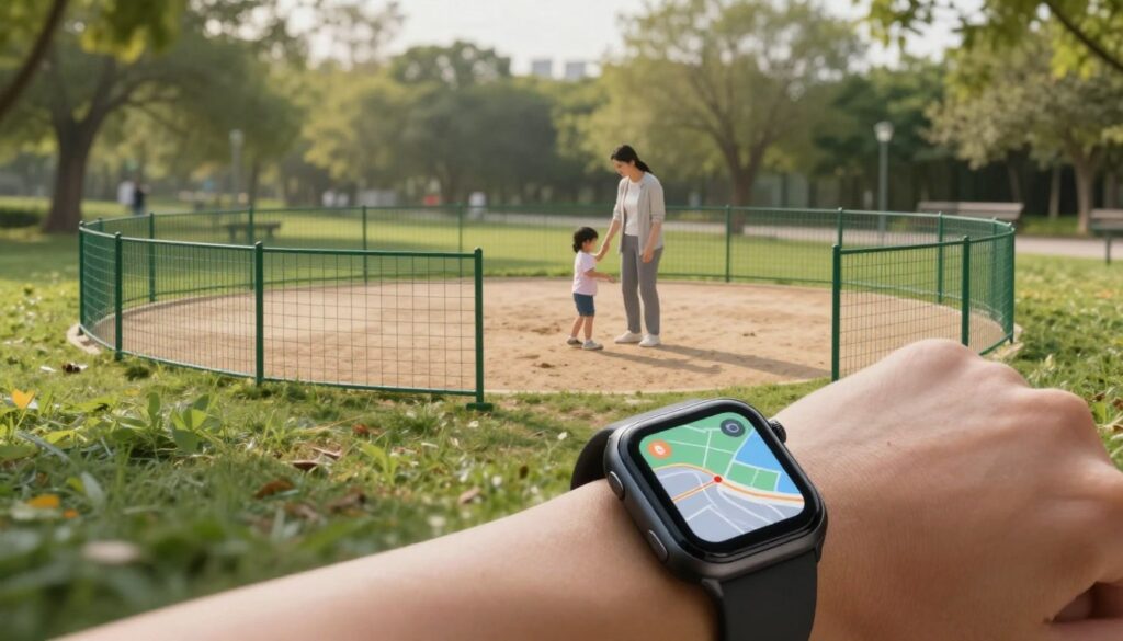 A serene outdoor scene depicting a secure zone or safety area surrounded by a visible geo-fencing outline. In the foreground, a sleek smartwatch with a digital display showcasing a map or an alert notification symbol can be seen prominently. The middle ground features a park or open area where a young parent is supervising their child playing, emphasizing the importance of safety. In the background, a boundary marker or subtle fence is implied, suggesting secured perimeters. Soft, natural lighting creates a calm and reassuring atmosphere, akin to early morning or late afternoon glow. The scene is framed at a slight angle to capture depth, making it inviting and informative. No humans should be in revealing or inappropriate attire, promoting a professional and family-friendly vibe.