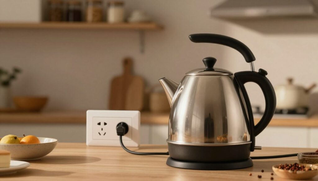 A sleek electric kettle plugged into a modern power outlet, positioned prominently in the foreground. The kettle has a stylish design, with a gleaming stainless steel body reflecting the warm kitchen light. In the middle ground, a subtle kitchen countertop is visible, adorned with minimalistic kitchen items, such as a decorative fruit bowl and a few spices. The background features softly blurred shelves lined with jars and kitchen utensils, creating an inviting atmosphere. The lighting is warm and inviting, suggesting a cozy indoor environment. The camera angle is slightly above eye level, focusing on the kettle and emphasizing its connection to the power socket. The overall mood is calm and informative, highlighting the concept of energy consumption with clarity and focus.