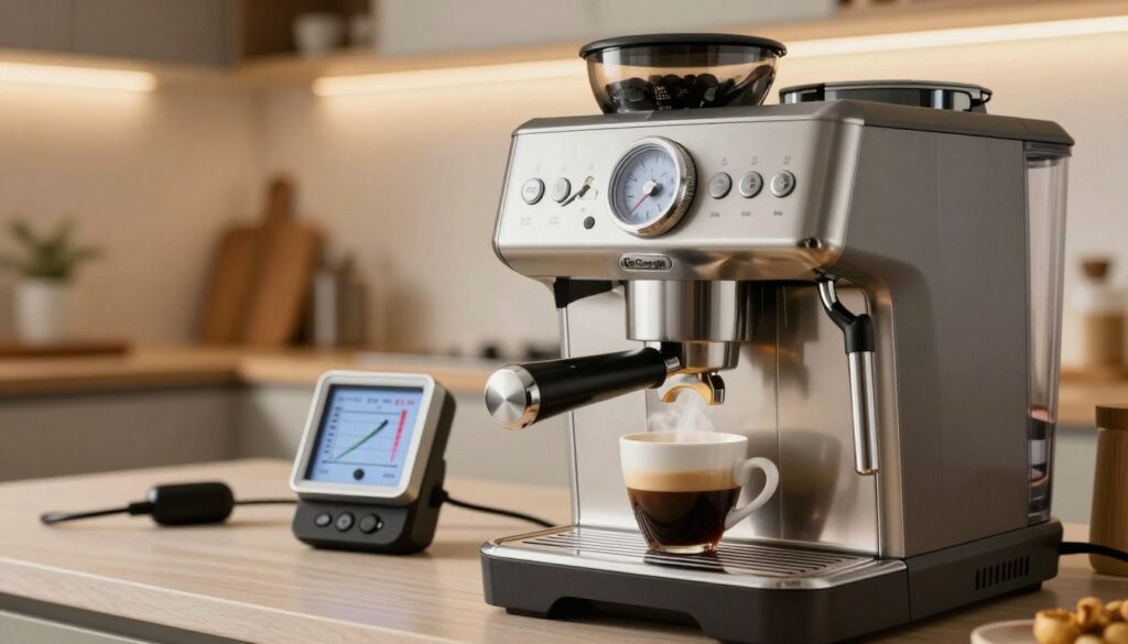A sleek, modern De'Longhi coffee machine sitting on a kitchen countertop, surrounded by various energy measurement tools, such as a wattmeter and energy consumption graphs. In the foreground, a close-up view of the coffee machine with steam rising from an espresso cup, conveying warmth and energy use. The middle ground features the wattmeter displaying high energy consumption numbers, with highlights reflecting the machine's metallic surface. The background shows a softly lit, contemporary kitchen setting with warm lighting, emphasizing an inviting atmosphere. The focus is on the coffee machine and energy tools, with a professional and informative feel suitable for an article about energy consumption. No text or symbols present, just a clean, engaging visualization of energy usage. A sleek, modern De'Longhi coffee machine sitting on a kitchen countertop, surrounded by various energy measurement tools, such as a wattmeter and energy consumption graphs. In the foreground, a close-up view of the coffee machine with steam rising from an espresso cup, conveying warmth and energy use. The middle ground features the wattmeter displaying high energy consumption numbers, with highlights reflecting the machine's metallic surface. The background shows a softly lit, contemporary kitchen setting with warm lighting, emphasizing an inviting atmosphere. The focus is on the coffee machine and energy tools, with a professional and informative feel suitable for an article about energy consumption. No text or symbols present, just a clean, engaging visualization of energy usage.