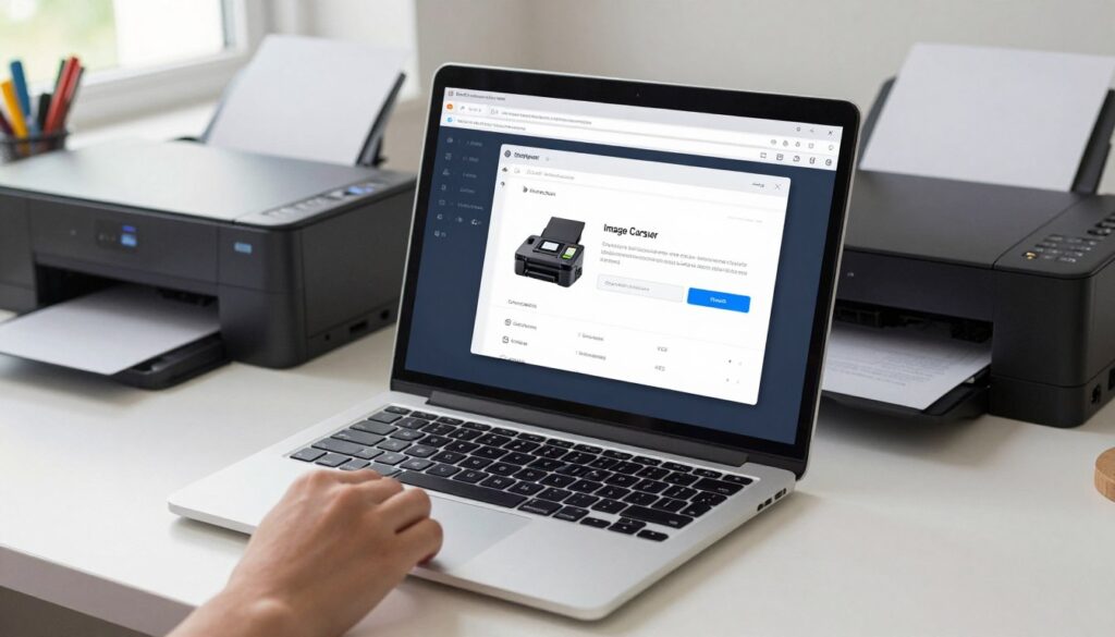 A sleek, modern MacBook screen displaying the Image Capture application interface, prominently showcasing the scanner options. In the foreground, a hand reaches toward the touchpad, creating a sense of interaction, while the background features a well-lit, tidy office environment with soft natural light filtering through a window. The desk is clutter-free, with a few office supplies neatly arranged beside the printer and scanner on the other side. The image captures a professional atmosphere, emphasizing a seamless workflow between the printer and computer. The angle is slightly elevated, providing a clear view of both the screen and the scanning device. The overall mood is focused and efficient, evoking a sense of productivity and organization.