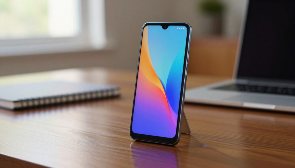 A sleek, modern Motorola Edge smartphone showcased prominently in the foreground on a polished wooden surface, reflecting its stylish design and vibrant display. The device's distinctive edge display glows softly, highlighting the colors and features. In the middle ground, a blurred workspace with a laptop and notebooks illustrates a tech-savvy environment. The background is softly illuminated with warm, natural light coming from a nearby window, creating a professional and inviting atmosphere. The overall mood conveys innovation and accessibility, emphasizing the balance between price and functionality. The image should be taken from a slightly elevated angle, capturing the sleek curves of the phone and the details of its screen without any distractions or text.