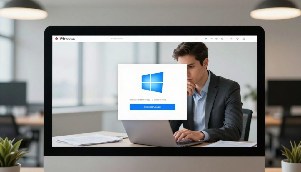 A sleek, modern computer screen displaying the Windows login interface prominently in the foreground, with an emphasis on the password recovery options highlighted. The middle ground features a blurred image of a professional, focused individual in business attire, thoughtfully engaging with the screen while using a laptop. The background showcases a minimalist office space with soft, ambient lighting, enhancing the atmosphere of concentration and security. The lighting casts gentle reflections on the screen, creating an inviting yet professional feel, while a subtle hint of blue from the Windows interface adds a calming effect. The overall mood conveys a sense of professionalism, trust, and a solution-oriented approach to password recovery in Windows.