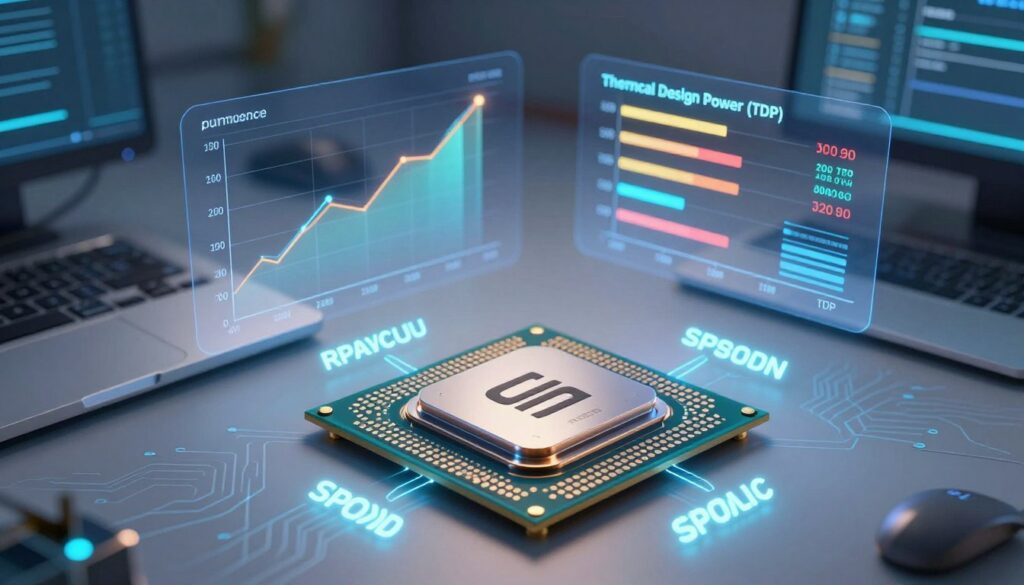 A sleek, modern digital illustration showcasing the essential parameters of a computer processor. In the foreground, display a stylized representation of a CPU, highlighting features like cores, clock speed, and power consumption with glowing labels beside each feature. The middle layer should include an analytical graphic showing comparative performance metrics, like benchmark scores and thermal design power (TDP), in an engaging layout. In the background, a clean workstation setting with subtle circuitry patterns suggests advanced technology. Use cool, tech-inspired color tones with bright accents to create a high-tech atmosphere. The lighting should be soft yet focused, accentuating the details of the processor and graphics. Capture the essence of cutting-edge computer performance in a visually appealing manner.