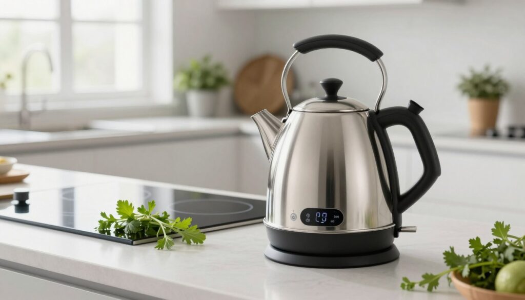 A sleek, modern electric kettle designed to resist limescale buildup, prominently displayed in the foreground. The kettle is crafted from high-quality stainless steel with a polished finish, featuring ergonomic handles and an intuitive, digital control panel with temperature settings. In the middle ground, a stylish kitchen countertop is adorned with fresh herbs and a small potted plant, while a contemporary induction cooktop is subtly visible. The background showcases a bright, airy kitchen bathed in natural light from a nearby window, enhancing the clean and sophisticated atmosphere. The image captures a sense of innovation and practicality, emphasizing the kitchen's modern design aesthetic. The overall mood is inviting and inspirational, perfect for showcasing efficient kitchen solutions.