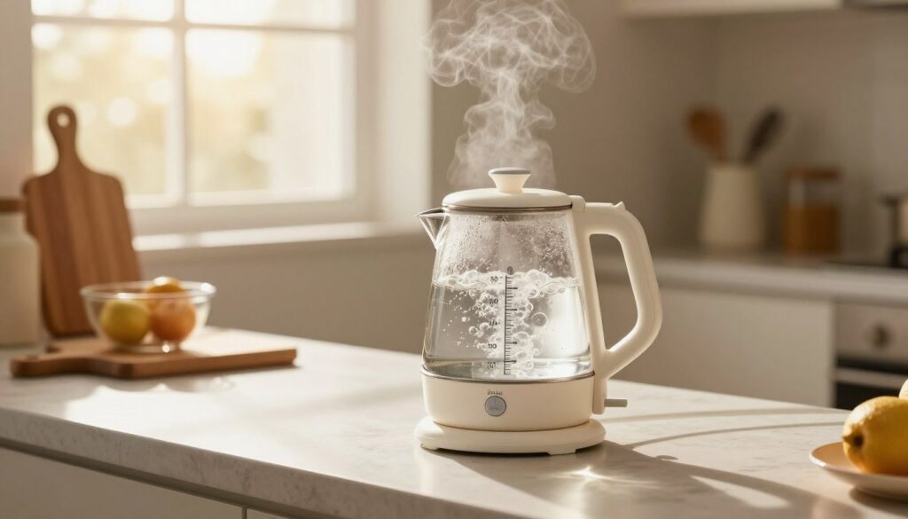 A sleek, modern electric kettle sits on a stylish kitchen countertop, prominently showcasing its transparent water level indicator filled with bubbling water. In the background, warm sunlight filters through a kitchen window, casting a soft glow and gentle shadows, creating a cozy atmosphere. The countertop features a few essential kitchen items like a cutting board and a fruit bowl to add context, but they remain unobtrusive. The image focuses on the kettle as the primary subject, demonstrating its energy consumption in a typical home setting. A subtle hint of steam rises from the kettle, illustrating its operational state. The mood is inviting and homey, suggesting warmth and efficiency in everyday life. A sleek, modern electric kettle sits on a stylish kitchen countertop, prominently showcasing its transparent water level indicator filled with bubbling water. In the background, warm sunlight filters through a kitchen window, casting a soft glow and gentle shadows, creating a cozy atmosphere. The countertop features a few essential kitchen items like a cutting board and a fruit bowl to add context, but they remain unobtrusive. The image focuses on the kettle as the primary subject, demonstrating its energy consumption in a typical home setting. A subtle hint of steam rises from the kettle, illustrating its operational state. The mood is inviting and homey, suggesting warmth and efficiency in everyday life.