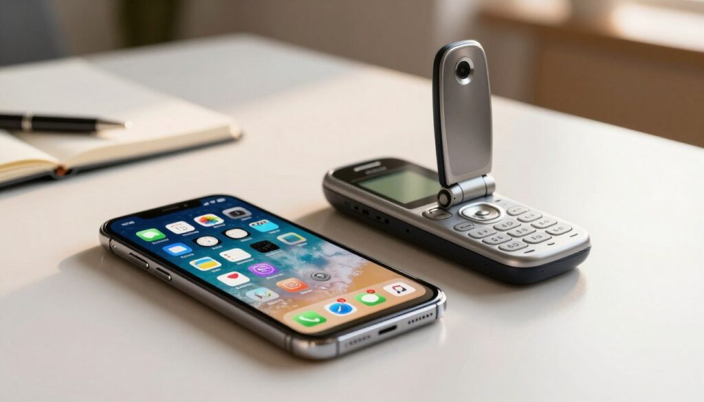 A sleek, modern smartphone and a classic mobile phone placed side by side on a clean, reflective surface. In the foreground, the smartphone features a large, vibrant touchscreen displaying various app icons, while the classic phone shows a minimalistic keypad and a small screen, evoking nostalgia. The middle ground shows an elegant workspace with a subtle hint of office tools like a notebook and pen, enhancing professionalism. The background is softly blurred with warm, diffused lighting casting gentle shadows, creating an inviting atmosphere. The angle is slightly elevated, providing a clear view of both devices while maintaining focus on their distinct designs and functionalities. The image conveys a sense of innovation versus simplicity, ideal for a comparison of technology.