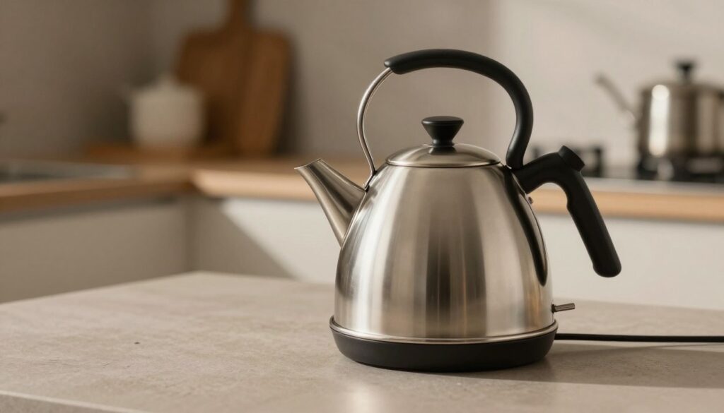A sleek, modern stainless steel kettle sits prominently in the foreground, showcasing its polished, reflective surface. The kettle, with a curved spout and ergonomic handle, is highlighted by soft, warm light, accentuating its elegant design. In the middle ground, a countertop is adorned with subtle textures, while a backdrop of blurred kitchen elements creates an inviting atmosphere. The overall mood is one of contemporary sophistication, emphasizing the efficiency and style of stainless steel compared to other materials. Soft shadows cast across the scene suggest a cozy, domestic setting, inviting viewers to appreciate the aesthetics and practicality of electric kettles. The image composition captures the essence of quality and modern lifestyle without any distractions. A sleek, modern stainless steel kettle sits prominently in the foreground, showcasing its polished, reflective surface. The kettle, with a curved spout and ergonomic handle, is highlighted by soft, warm light, accentuating its elegant design. In the middle ground, a countertop is adorned with subtle textures, while a backdrop of blurred kitchen elements creates an inviting atmosphere. The overall mood is one of contemporary sophistication, emphasizing the efficiency and style of stainless steel compared to other materials. Soft shadows cast across the scene suggest a cozy, domestic setting, inviting viewers to appreciate the aesthetics and practicality of electric kettles. The image composition captures the essence of quality and modern lifestyle without any distractions.