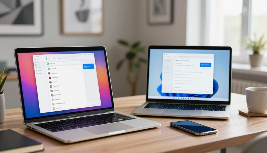A sleek, modern workspace showcasing a vibrant Apple MacBook and a Windows laptop side by side. In the foreground, the MacBook is open, displaying a clear SMS messaging interface, while the Windows laptop features a similar messaging application, both emitting soft, friendly glows from their screens. The middle ground includes a stylish desk cluttered with a smartphone, a notepad, and a coffee mug, creating a relaxed working atmosphere. The background features a tastefully decorated wall with hanging art, and a window allowing natural light to flood in, enhancing the inviting ambiance. Use warm lighting to invoke a sense of productivity and ease, captured with a shallow depth of field to emphasize the devices while blurring the background slightly. The overall mood is contemporary, professional, and tech-savvy, ideally illustrating seamless communication between Apple and Windows ecosystems.