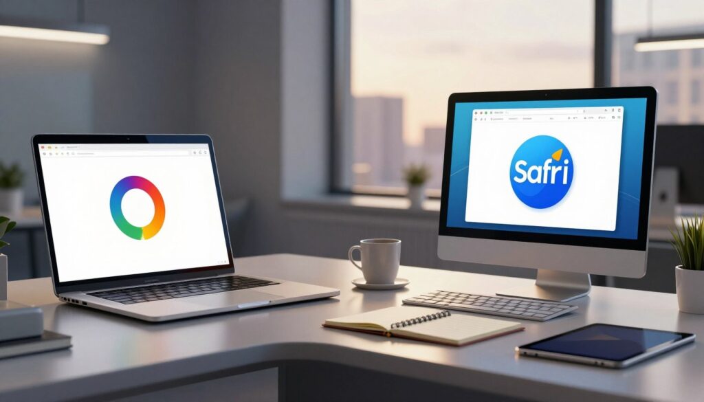 A split-screen image showcasing the logos of the Opera and Safari web browsers in a modern, high-tech environment. On one side, depict the Opera logo, set against a sleek, futuristic office desk with a laptop open, displaying a password manager interface. Use warm, ambient lighting to create an inviting atmosphere. On the opposite side, illustrate the Safari logo, integrated into a bright, airy workspace with a desktop computer showing browser settings, surrounded by elements like a notepad and a digital tablet. The background should hint at a sophisticated urban landscape through a large window, with soft daylight filtering in, enhancing the productive mood of technology and security. Ensure all elements reflect a professional setting. A split-screen image showcasing the logos of the Opera and Safari web browsers in a modern, high-tech environment. On one side, depict the Opera logo, set against a sleek, futuristic office desk with a laptop open, displaying a password manager interface. Use warm, ambient lighting to create an inviting atmosphere. On the opposite side, illustrate the Safari logo, integrated into a bright, airy workspace with a desktop computer showing browser settings, surrounded by elements like a notepad and a digital tablet. The background should hint at a sophisticated urban landscape through a large window, with soft daylight filtering in, enhancing the productive mood of technology and security. Ensure all elements reflect a professional setting.