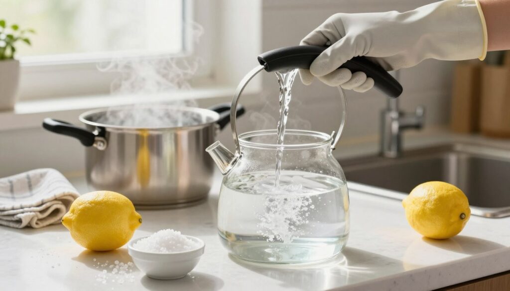A steaming kettle on a bright kitchen countertop, partially filled with clear water and surrounded by lemons and a small bowl of citric acid. In the foreground, a hand, wearing a rubber glove, carefully pours the citric acid into the kettle. Visible in the middle ground is a pot of boiling water and a towel, emphasizing the cleaning process. The background features a well-lit kitchen with soft natural light streaming in from a window, creating a warm, inviting atmosphere. Focus on the textures of the kettle's metal, the bright yellow of the lemons, and the crystalline form of the citric acid. The composition highlights the step-by-step process of descaling while avoiding common mistakes, evoking a sense of cleanliness and effectiveness.