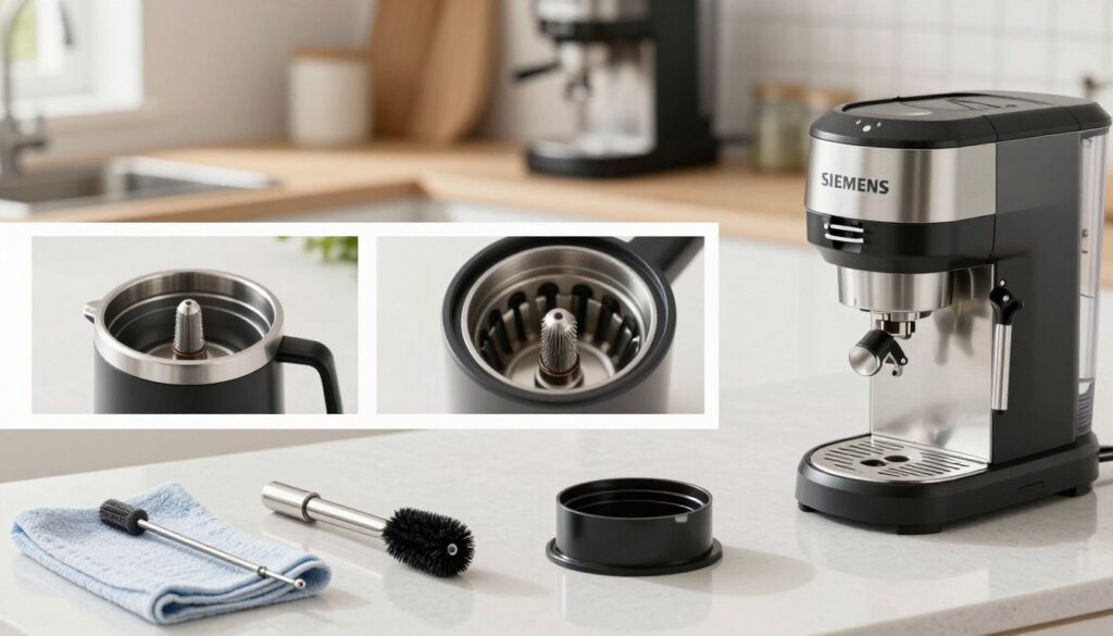 A step-by-step cleaning process of a coffee grinder specifically designed for a Siemens espresso machine. In the foreground, showcase a clean kitchen countertop with the Siemens coffee grinder disassembled, with various cleaning tools like a brush, cloth, and vacuum nearby. The middle layer features close-up shots of the grinder's components, highlighting the burrs and interior, shining in soft, diffused natural light. The background is a well-lit kitchen with modern appliances, conveying a fresh and inviting atmosphere. The composition should focus on clarity and detail to emphasize cleanliness. The angle should be slightly above eye level, providing a clear view of all cleaning stages.