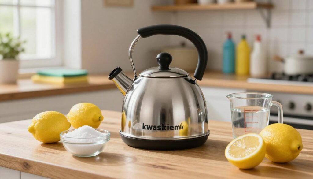 A vibrant, beautifully arranged kitchen countertop featuring a "kwaskiem czajnik" (citric acid kettle) as the focal point. The kettle is made of polished stainless steel, glimmering under soft, natural light filtering in through a nearby window. Surrounding the kettle are scattered ingredients used for home cleaning—fresh lemons, a small bowl of citric acid, and a glass measuring cup filled with water. In the background, an out-of-focus kitchen with rustic wooden shelves and colorful cleaning supplies adds warmth and a homely feel. Capture the scene from a slightly elevated angle to emphasize the arrangement of items, creating a bright, inviting atmosphere that conveys cleanliness and natural alternatives for descaling.