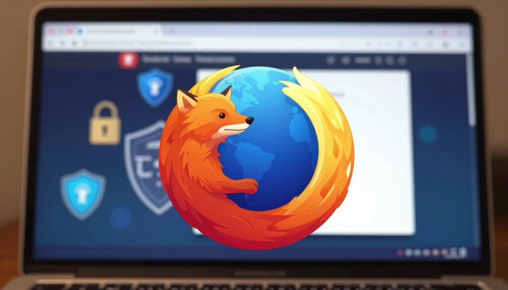 A vibrant depiction of the Mozilla Firefox logo, prominently featured in the foreground, with its iconic, sleek design emphasizing the fiery orange-red fox encircling a blue globe. The middle ground showcases a digital context, including abstract representations of internet security symbols, like locks and shields, blending seamlessly into the background. The background is a soft-focus depiction of a modern computer screen displaying a web browser interface, hinting at user privacy and data protection. The scene is lit warmly, evoking a sense of security and trust. The overall mood is professional and inviting, suitable for discussions on privacy and safety in digital environments. A vibrant depiction of the Mozilla Firefox logo, prominently featured in the foreground, with its iconic, sleek design emphasizing the fiery orange-red fox encircling a blue globe. The middle ground showcases a digital context, including abstract representations of internet security symbols, like locks and shields, blending seamlessly into the background. The background is a soft-focus depiction of a modern computer screen displaying a web browser interface, hinting at user privacy and data protection. The scene is lit warmly, evoking a sense of security and trust. The overall mood is professional and inviting, suitable for discussions on privacy and safety in digital environments.