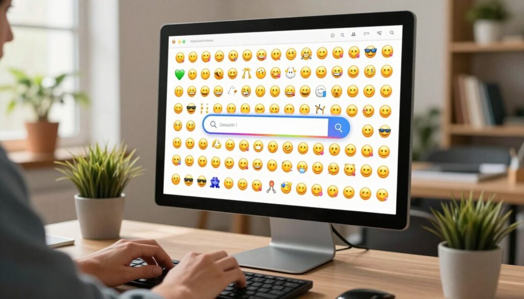A vibrant, modern workspace featuring a sleek computer monitor displaying a colorful emoji search interface. The foreground shows a close-up of a person's hands, clad in casual yet professional attire, typing on a keyboard, with an array of emojis populating the screen in response to letters being input. In the middle, a user-friendly search bar shines with bright colors, emphasizing accessibility and speed. The background includes soft-focus elements of a cozy office environment, such as potted plants and bookshelves, with warm natural lighting filtering through a window. The atmosphere is dynamic and engaging, capturing the excitement of quickly finding emojis while conveying a sense of productivity and creativity.