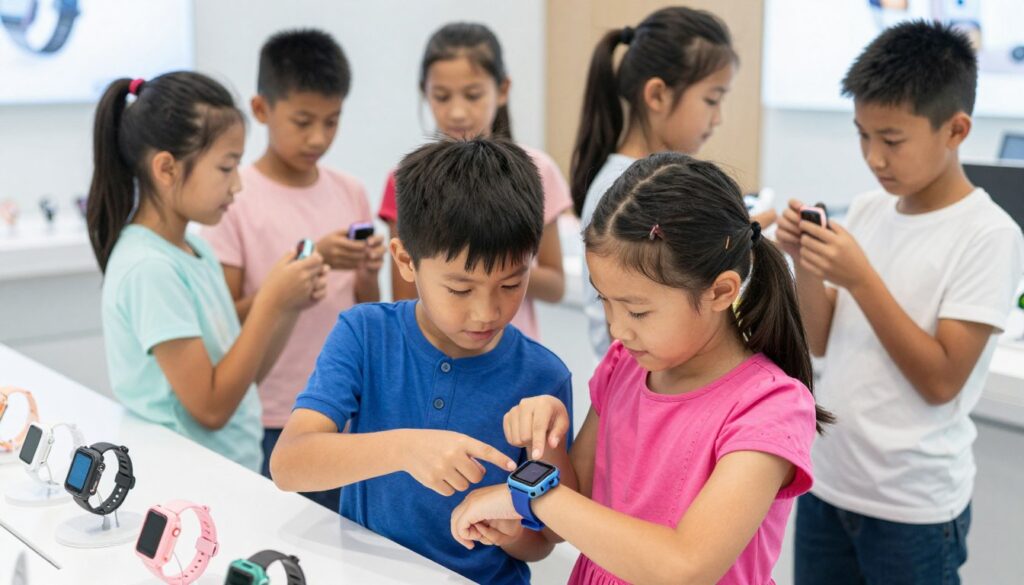 A vibrant scene showcasing a group of children excitedly exploring various smartwatches in a well-lit, modern store. In the foreground, two children, a boy and a girl, are closely examining a smartwatch with a locator feature, pointing at its screen in curiosity. The boy wears a blue shirt, while the girl dons a bright pink dress. In the middle ground, other children are engaged in conversations about different smartwatch models, comparing features and sizes. The background features a sleek display of various smartwatches, highlighting their design and colors under soft, natural lighting. The mood is lively and inquisitive, capturing the essence of collaboration and decision-making among kids as they choose the best smartwatch for their needs.